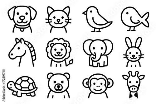 Cute animal icon set featuring simple linear designs of popular pets and wild creatures