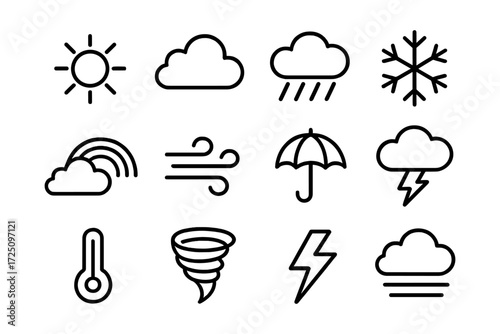 Weather icons set featuring minimalist linear style designs for forecasts