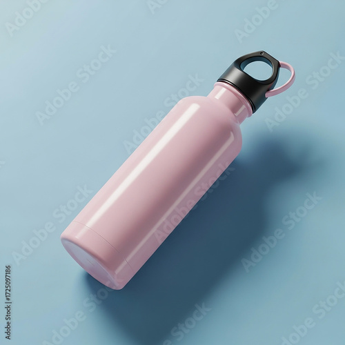 Stylish pink reusable water bottle on a blue background, ideal for ecoconscious hydration