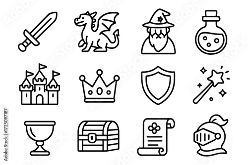 Fantasy adventure icon set featuring sword, dragon, wizard, potion, castle, and more