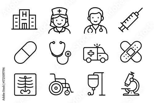 Modern healthcare icons set: medical tools, professionals, and facilities in linear style