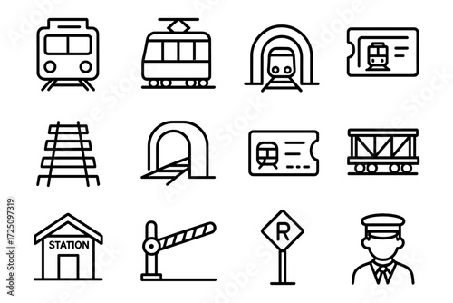 Linear train and railway icon set featuring tunnels, tickets, and stations