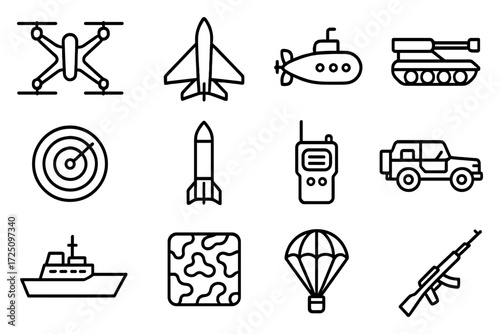 Military icons pack: drones, vehicles, weapons, and equipment in bold outline style