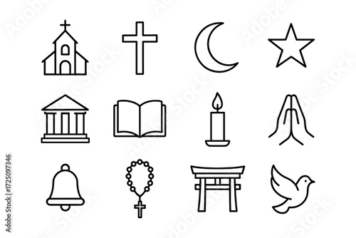 Minimalist religious symbols set: christianity, islam, judaism, and peace icons in outline style