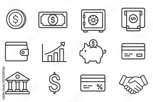 Financial icons collection: money, banking, and investment in linear style