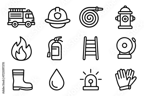 Essential firefighting icons: equipment, safety gear, and tools in bold outline style