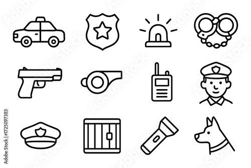Police icons set: line art of vehicles, equipment, and officers