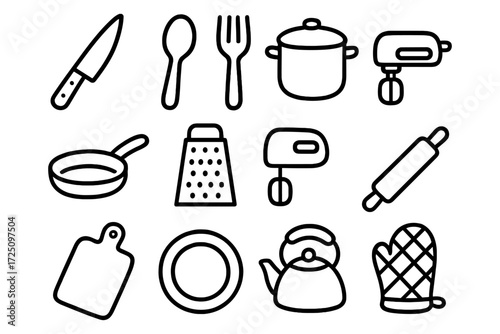 Kitchen essentials linear icons set: tools, utensils, and appliances