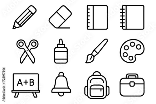 School supplies icons set: linear style pencils, notebooks and tools