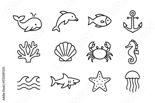 Minimalist marine icons set: ocean creatures, coral, and nautical elements