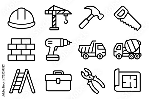 Construction equipment and tools: black outline icons set for builders