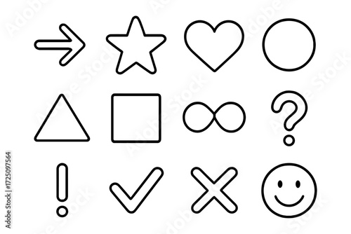 Minimalist black outline icons of common shapes and symbols