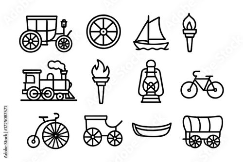 Vintage transportation icon set featuring historic vehicles and lanterns in linear style