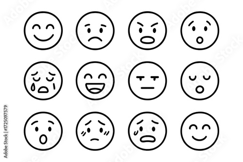 Set of linear emoticons showing varied emotions in minimalist style