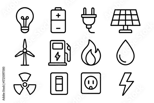 Energy icons set: line art symbols of power sources and conservation