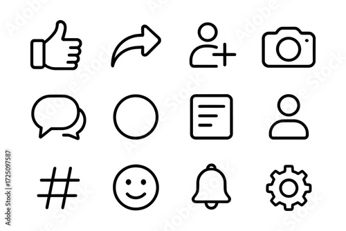 Minimalist social media and user interface icon set in linear style