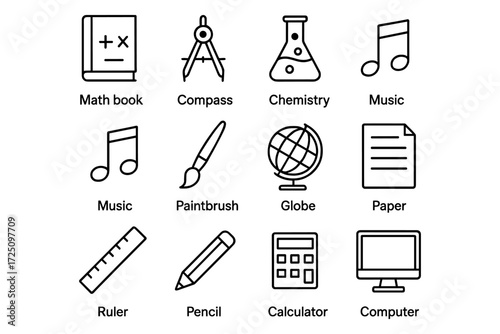 Education icon set: essential school supplies in simple linear design