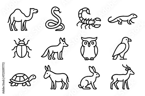 Outline icons collection of desert and wildlife animals in minimalistic style