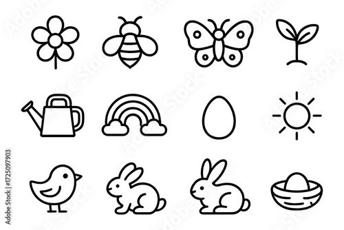 Spring icons set: flowers, insects, animals, and symbols in simple line art