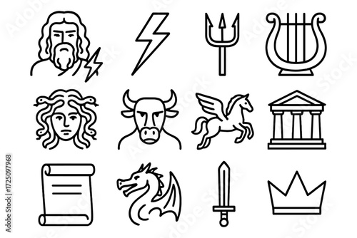 Greek mythology icons: gods, creatures, and symbols in bold linear style