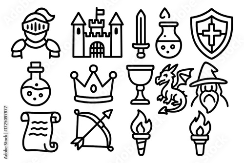 Medieval fantasy icon set featuring knights, castles, and magical creatures
