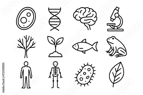 Science and nature icons: biology, genetics, and ecosystem elements in linear style