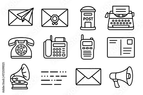 Vintage communication icons set: retro devices and elements in black outline style