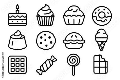 Simple outline icons of desserts and sweets in black and white style