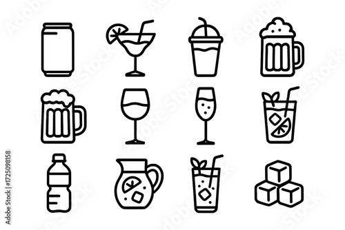 Outline beverage icons: drinks, cocktails, and refreshments in minimalist style