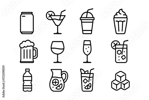Assorted beverage icons: line art collection featuring drinks and containers