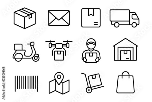 Delivery and shipping icon set featuring modern linear style symbols for e-commerce and logistics