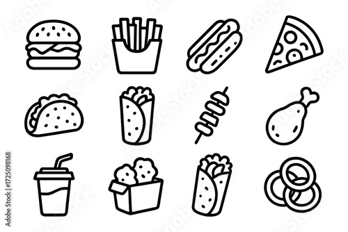 Fast food icons: classic line art set featuring burger, pizza, and more
