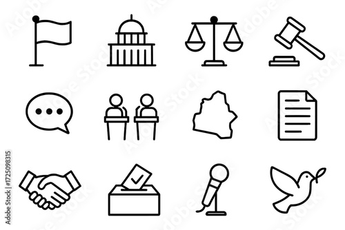 Linear political icons set featuring justice, democracy, and peace symbols