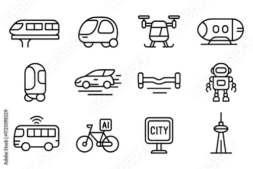 Futuristic transportation icons set in linear style