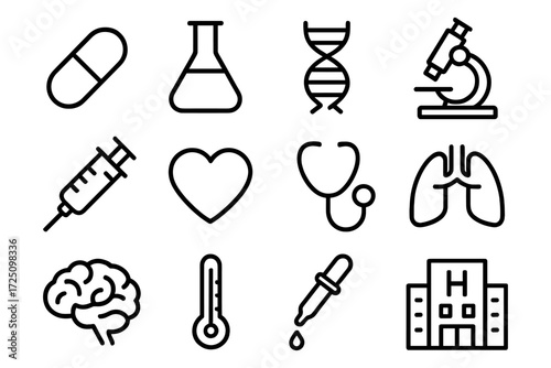 Minimalist medical icons set featuring healthcare and science symbols