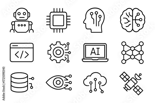 Linear icons of technology concepts: ai, cloud computing, robotics, and more