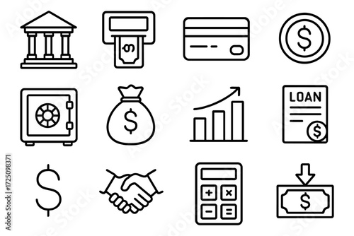 Financial services icons set featuring banking and money symbols in linear style