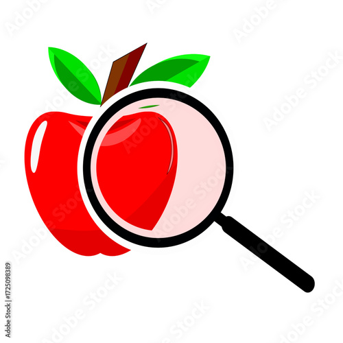 Agricultural research vector icon. Colorful apple and magnifying glass icon. Illustration of fruit, food, science, and agriculture. Product quality assurance symbol. Not Artificial Intelligence.