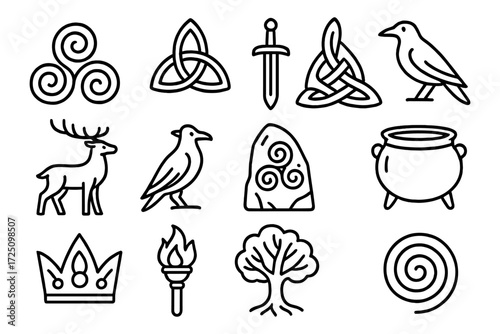 Celtic symbols collection: iconic designs featuring knots, animals, and mythical elements