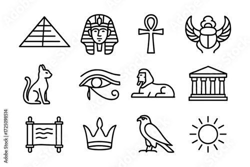 Ancient egyptian symbols in linear style featuring pyramids, sphinx, and ankh