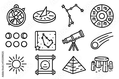 Celestial symbols and ancient tools: astronomy and astrology collection in linear style