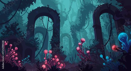 A captivating digital illustration depicting a fantastical ecosystem where bioluminescent 2D organic shapes intermingle with minimalist 3D architectural elements, creating an otherworldly.