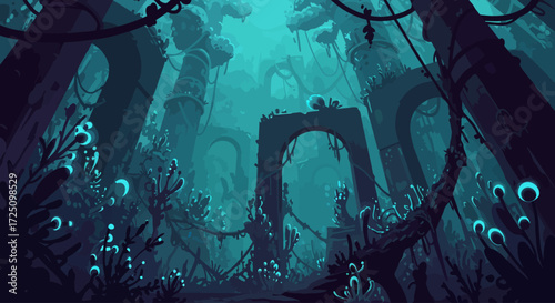 A captivating digital illustration depicting a fantastical ecosystem where bioluminescent 2D organic shapes intermingle with minimalist 3D architectural elements, creating an otherworldly.