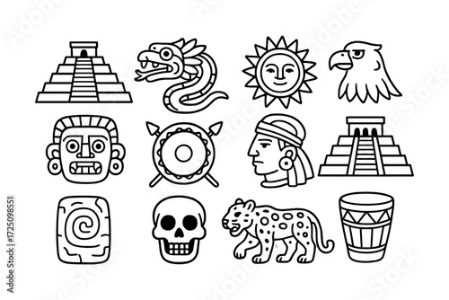 Ancient mesoamerican icons set in linear style: pyramids, animals, sun, and masks