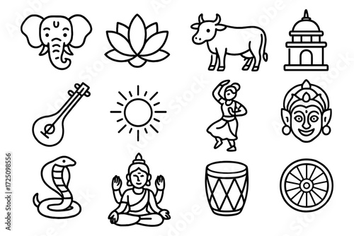 Indian cultural icons outline: elephant, lotus, temple, and more in bold line art