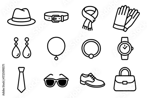 Elegant linear icons of fashion accessories featuring hats, jewelry, and more