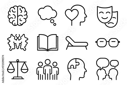 Linear icons for psychology and mental health themes in black and white design