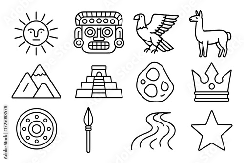 Icon set of ancient symbols featuring sun, pyramid, and eagle in black linear style