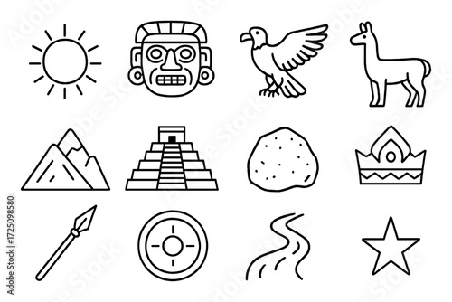 Aztec and inca icon set featuring sun, eagle, llama, and pyramid in linear style
