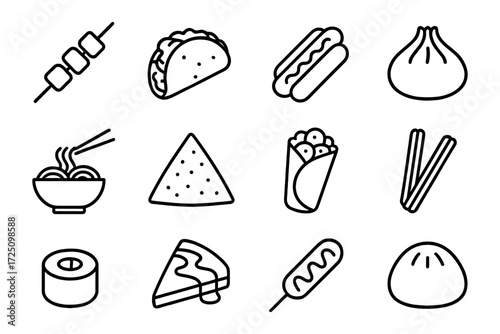 Simple line icons of global street food favorites